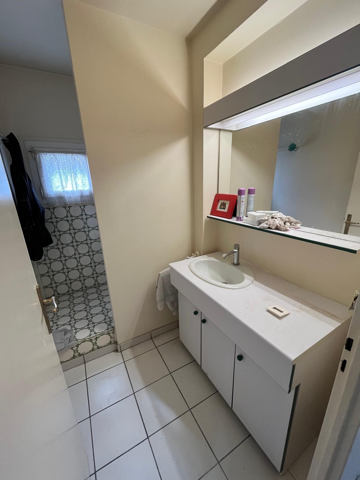 Salle de bain RDC avant rénovation — ancienne douche, carrelage vert, Collégien Seine-et-Marne (77)